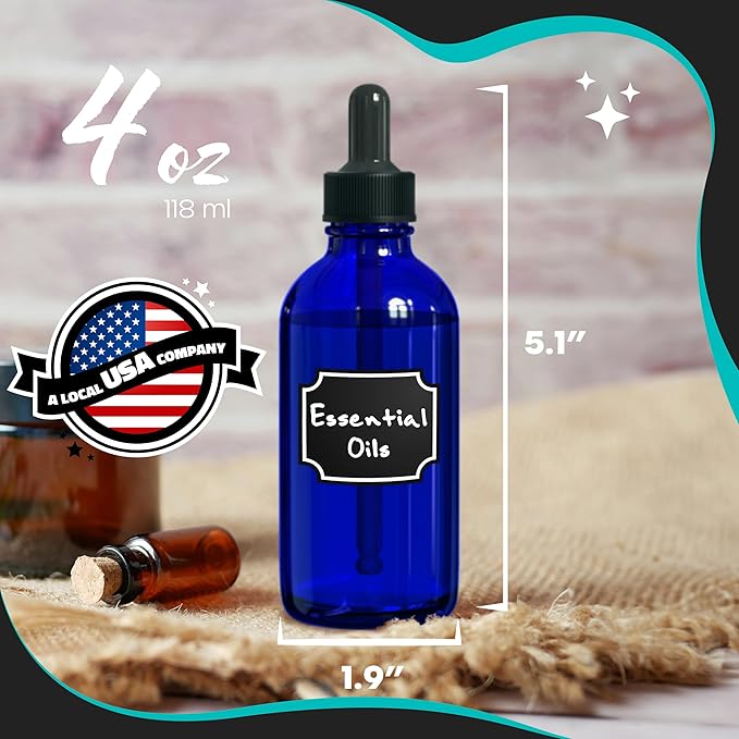 Nevlers 4 Oz Blue Glass Dropper Bottle 48 Pack | Eye Dropper Bottle Set with Glass Droppers for Liquids, Funnel, Brush, Marker, Labels & Shrink Wrap | Tincture Bottles with Droppers for Oils & More