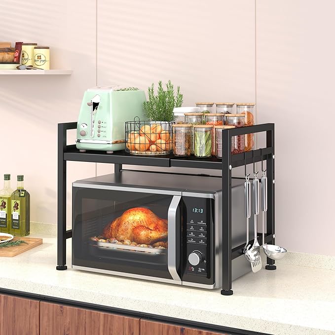 PUSDON Textured Black Microwave Oven Rack, Expandable 2-Tier Kitchen Countertop Organizer, Heavy Duty Carbon Steel Stand with 3 Hooks, Adjustable Height & Length