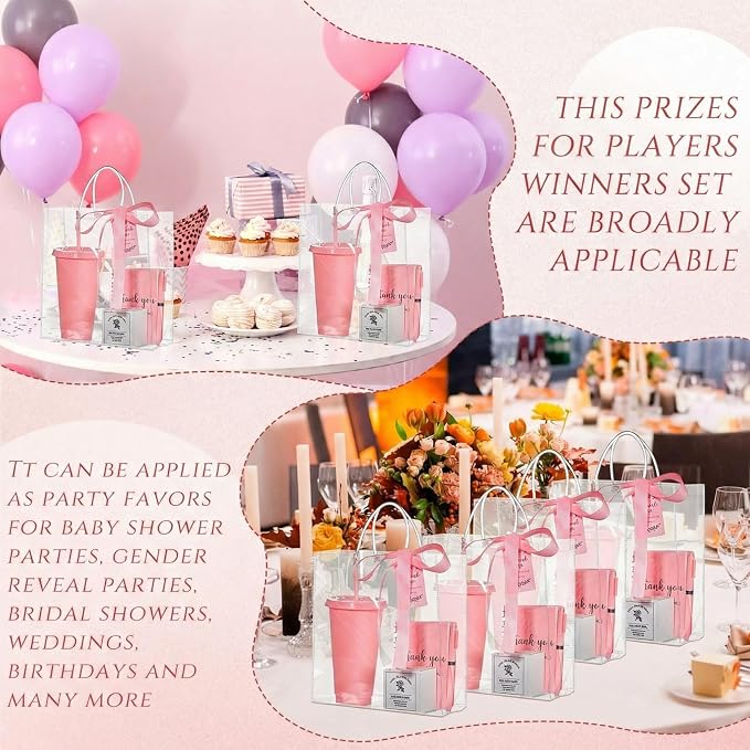 Nuogo 6 Sets New Parent Shower Prizes for Player Winners Adult, Wedding Bridal Shower Gift, Plastic Tumbler Notebook Scented Candle Ballpoint Pen Bag (Light Morandi Color,Classic Style)