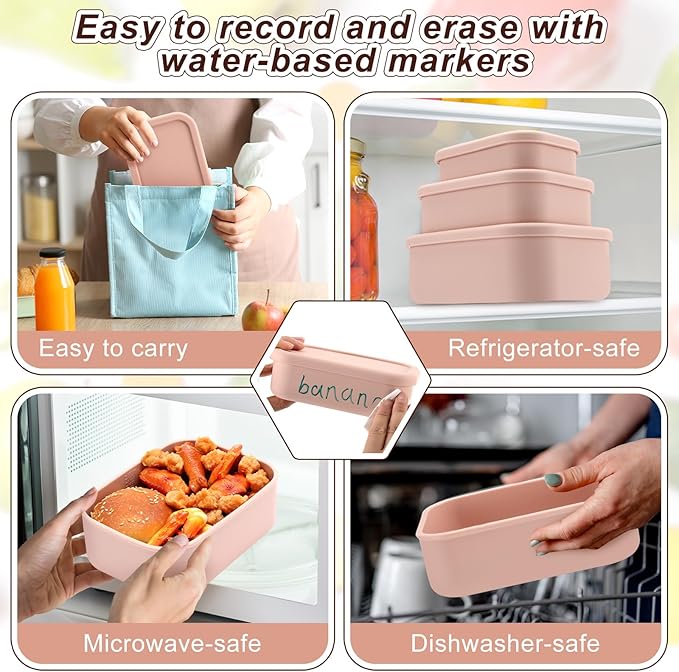 Blushtier 2 Sets of 6 Silicone Food Storage Containers with Lid Silicone Bento Box Rectangular Lunch Box Hard Shell Containers Microwave Dishwasher Freezer Safe, 10 oz, 23.6 oz, 44 Ounce(Pink)