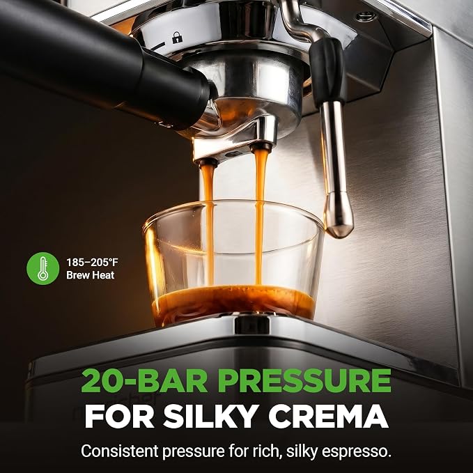 NutriChef 20-Bar Espresso Maker With Milk Frother | Removable 1.8 Quart Water Tank | Coffee Maker for Brewing Espresso, Cappuccino, Latte, Americano & Cold Brew Coffees | Stainless Steel