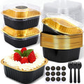 20 Pack 10oz Mini Cake Pans With Lids, Aluminum Foil Square Brownie Baking Cups,Disposable 4”x4” Large Cupcake Pan,Jumbo Muffin Tin Ramekins Holders-Black&Gold