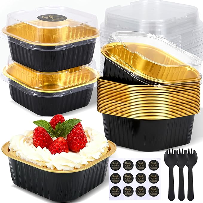 20 Pack 10oz Mini Cake Pans With Lids, Aluminum Foil Square Brownie Baking Cups,Disposable 4”x4” Large Cupcake Pan,Jumbo Muffin Tin Ramekins Holders-Black&Gold