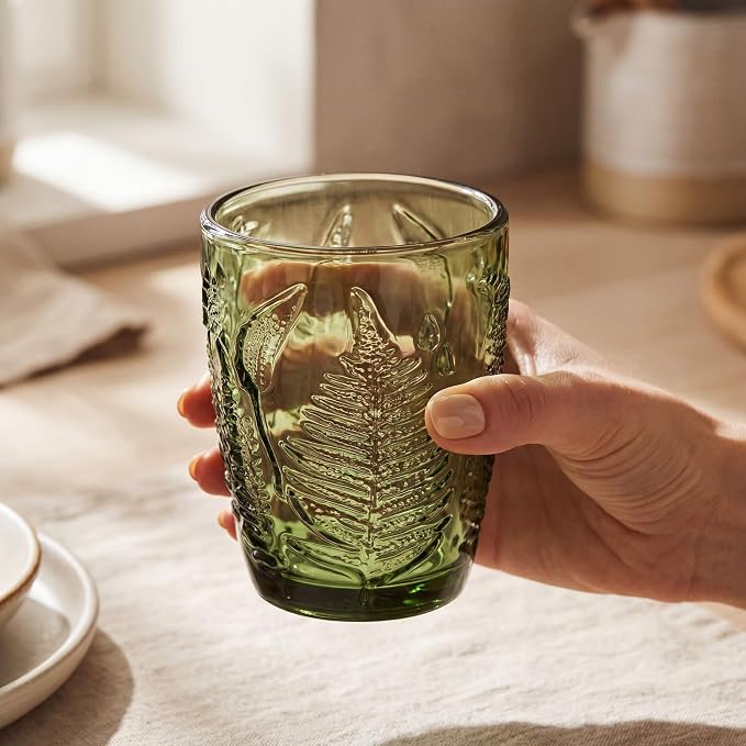Vintage Green Drinking Glass, 10 oz Hand-Pressed Deep Textured Glass Cup, Fern Embossed Retro Glassware, Decorative Tumbler for Water, Cocktails & Juice, Boho Colored Kitchen Drinkware, Unique Gift