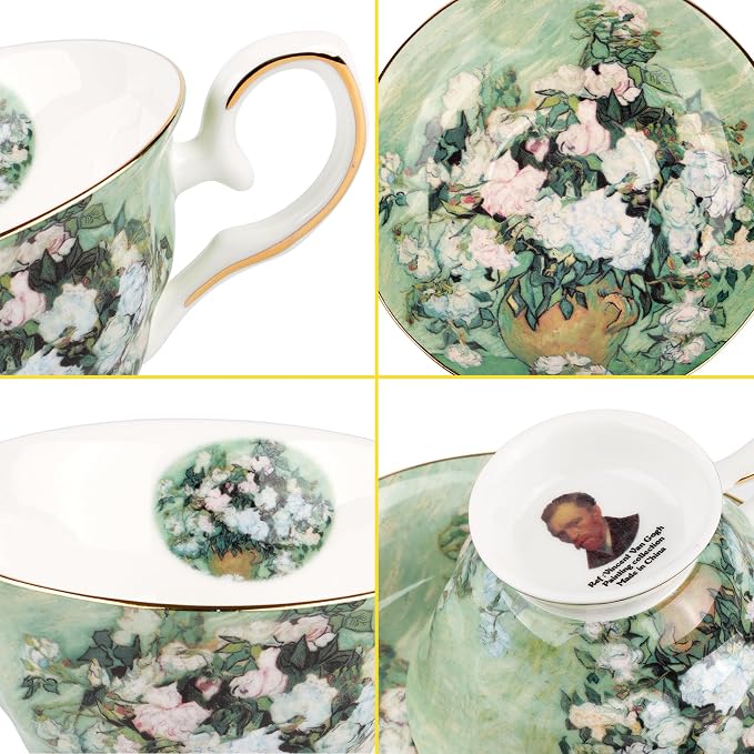 Floral Tea Cups Saucers Set of 2, Vangogh Paintings Bone China 7 oz British Teacups Porcelain Tea Cups Coffee for Rose Teacups Cappuccino Espresso Latte (White Roses & Flowers Vase)
