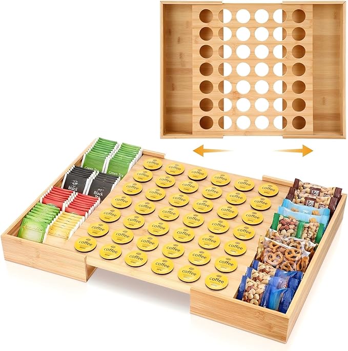 SiliFine Bamboo Pod Holder Compatible with K Cup, 42 Pod Capacity Drawer Organizer, Expandable Coffee Capsules Storage for Tea Bags, Espresso Capsules, Home Office Kitchen Accessories
