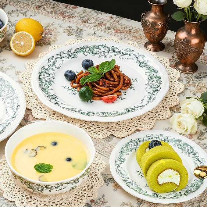 Ceramic Dinnerware Set 12-Piece Scalloped Edge Dish Set for 4 Vintage Floral Elegant Kitchen Dinner Plates Bowls for Daily Use & Party Microwave & Dishwasher Safe