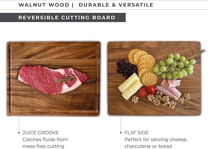 Walnut Wood Cutting Board – 15"x12" Butcher Block – Reversible Chopping Board with Juice Groove – For Meat, Cheese, Veggies, Charcuterie – Knife Friendly Kitchen Essential