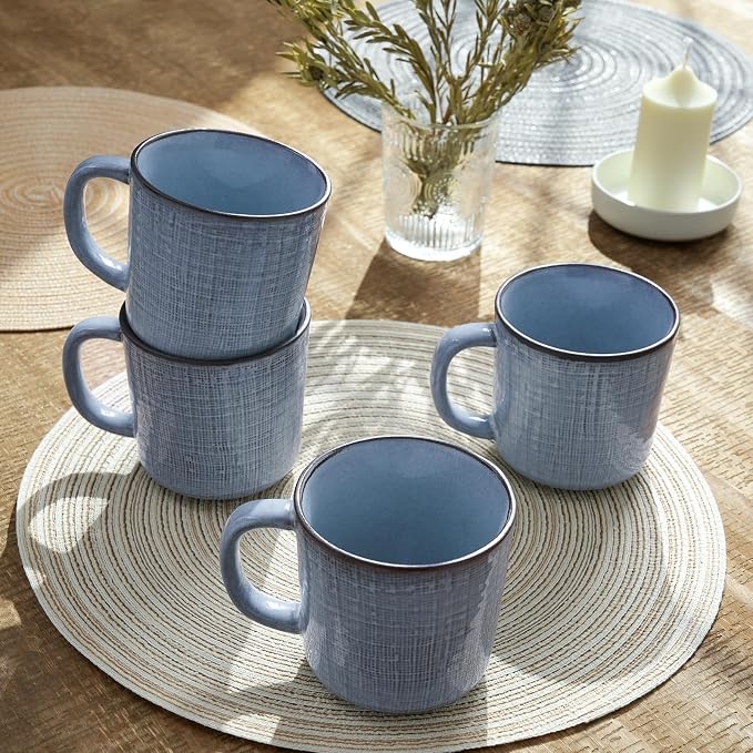 famiware Moonlight Coffee Mug Set of 4, 14oz Mug Set with Linen Finish, Coffee Cup Set with Handle for Latte, Cappuccino, Tea, Hot Cocoa, Microwave and Dishwasher Safe, Blue