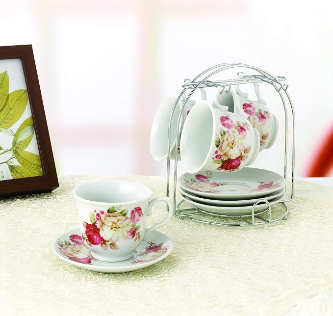 8oz. Set of 4 Coffee/Tea Cups On Metal Stand-Red and Ivory Flower