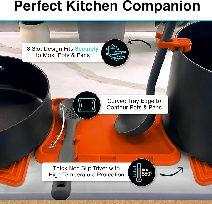 Nottadrip Silicone Spoon Rest for Stove Top - Kitchen Spoon Rest for Countertop, Ladle Holder, All in 1 Serving Station, Elevate Handles, Drip to Tray, Mess Free - 5PC Trivet Set - Orange