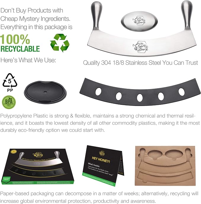 The Bold Bee's Most Popular 12" Mezzaluna Knife & Cover + FREE Stainless Steel Soap Odor Remover Neutralizer | Pizza Cutter | Fruit, Vegetable & Salad Chopper & Dicer | Herb Mincer
