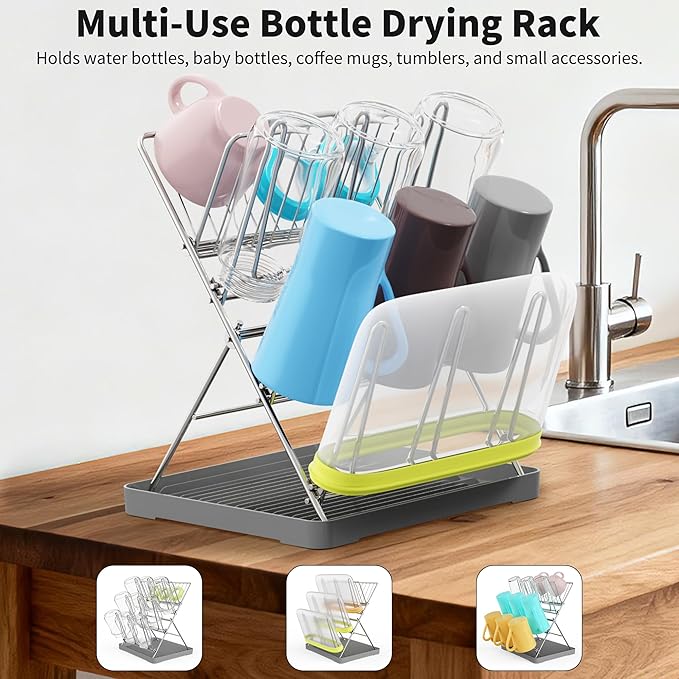 Vertical Baby Bottle Drying Rack, 9 Hooks Vertical Rack Dryer with Drainage Tray for Water Bottles, Drinking Glasses, Mugs, Cups, Foldable, Stainless Steel