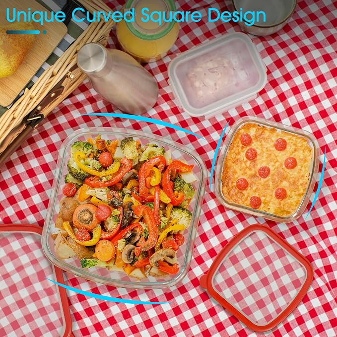 NUTRIUPS 2-Piece 9x9 & 7x7 Square Glass Baking Dish with Lid Set, Deep Baking Pan, Oven Dishwasher and Microwave Safe (Tempered Glass, 1 QT, 2.7 QT)