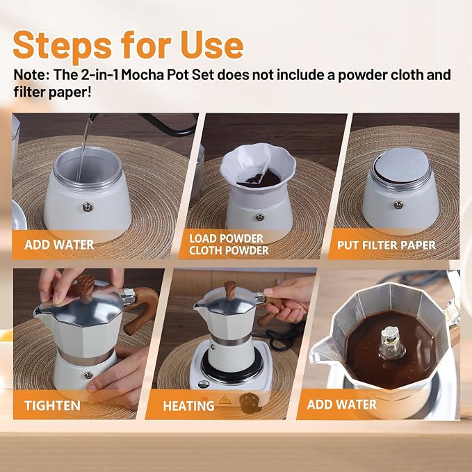 2-in-1 Aluminum Moka Pot Set with Electric Stove Classic Stovetop Espresso Coffee Maker 150ml 5oz Mocha Express Portable Gift Camping Travel Preferred Cafe Italian Cuban Café Brewing 3 Cup