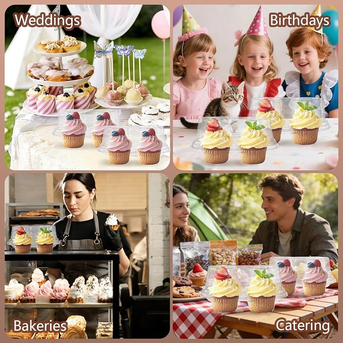 100 Pack Plastic Cupcake Containers with Lids, Disposable 2 Count Clear Cupcake Boxes Holders Carrier, Cake Storage Packaging to Go Muffin Containers for Dessert Donut Salad Bakery Wedding Party