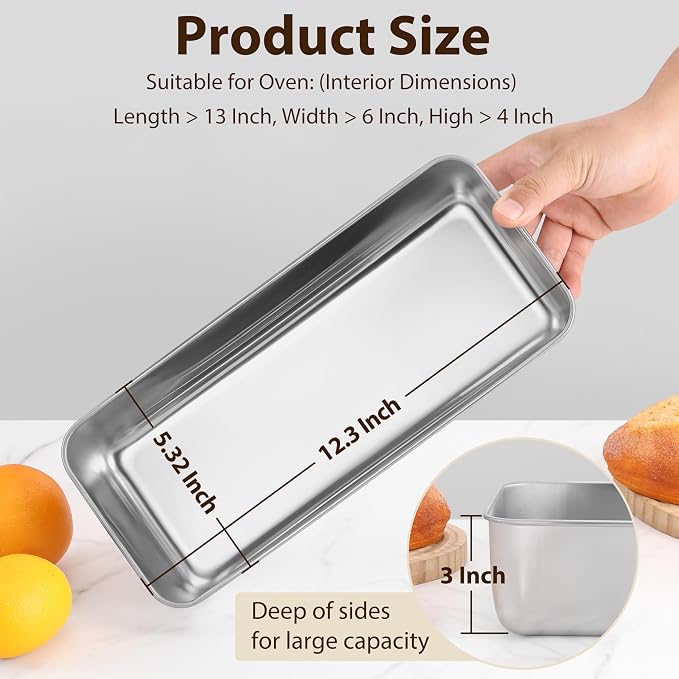 P&P CHEF Loaf Pans for Baking Bread, 12 x 5 Inch Large Stainless Steel Bread Loaf Pan Tins for Homemade Meatloaf Cake Brownies, Healthy & Sturdy, Oven & Dishwasher Safe, 3Pcs