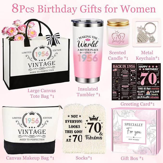 70th Birthday Gifts for Women, Vintage 1956 Happy 70th Birthday Gifts Basket for Women Unique Gift Ideas for 70 Year Old Female, Mom, Wife, Grandma, Sister, Funny Bthday Gift Turning 70 Year Old