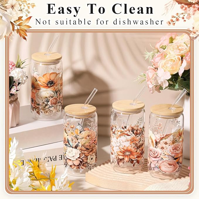 Mumufy 4 Pack Wildflower Glass Cups Gift Aesthetic Cute Glass Cup Tumbler Flower Iced Coffee Mugs 16 oz with Bamboo Lid & Straw, for Wedding Birthday Bridesmaid Mom Baby Shower