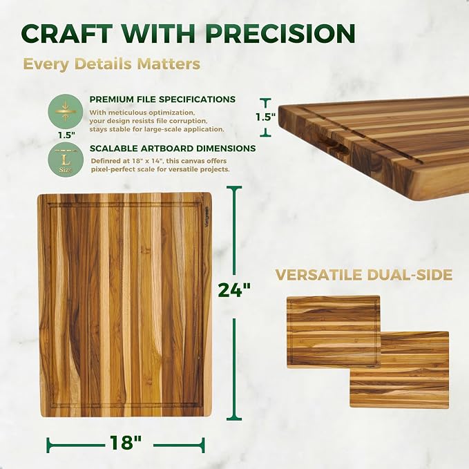 Teak Wood Cutting Boards for Kitchen, [24" x 18" x 1.5"] Extra Large Wooden Cutting Boards, Knife Friendly Butcher Block Cutting Board with Deep Juice Grooves and Built in Handle
