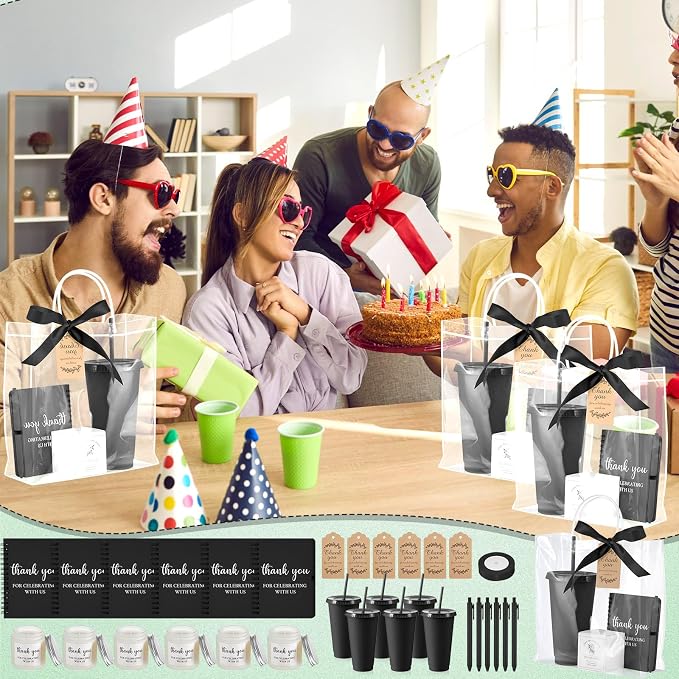 Nuogo 6 Sets New Parent Shower Prizes for Player Winners Adult, Wedding Bridal Shower Gift, Plastic Tumbler Notebook Scented Candle Ballpoint Pen Bag (Black Color,Classic Style)