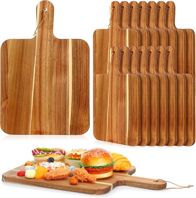 Geetery 16 Pcs Acacia Wood Cutting Board with Handles Bulk, Wooden Charcuterie Boards Serving Chopping Boards for Kitchen, Pizza, Bread, Vegetables, Laser Engraving, Housewarming Gifts(18 x 12 Inch)