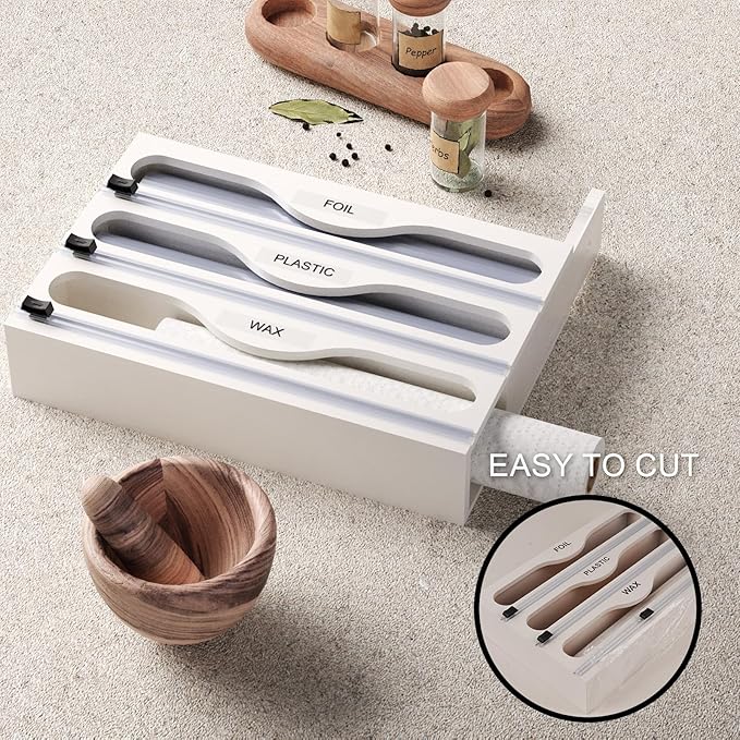 Wrap Dispenser with Cutter and Labels, Plastic Wrap Organizer For Kitchen,Bamboo 3-in-1 Wrap Dispensers for Cling Wrap Aluminum Foil and Wax,Storage Organization Holder（White）