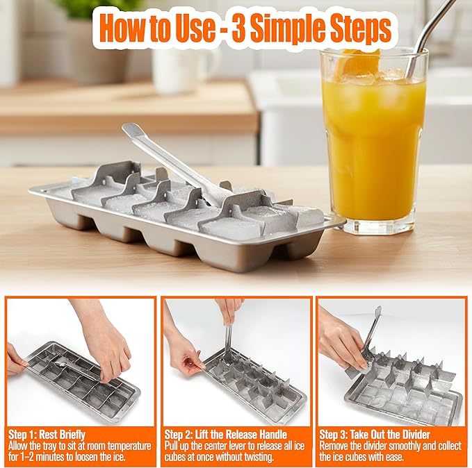 2 Set Stainless Steel Ice Cube Tray for Freezer – Square Icecube Foods 18 Slot Molds Easy Release Metal Handle with Removable Slots, Lever Reusable with 6 Clips, Dishwasher Safe for Kitchen & Bar