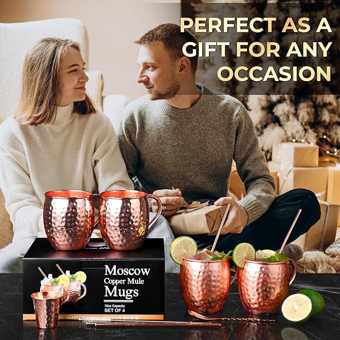 Moscow Mule Mugs, 4pcs Set of 16oz Copper Cups, Handcrafted Traditional Design, Gift Set with Straws, Spoon, Cleaning Brush & Shot Glass, Insulated, Reusable