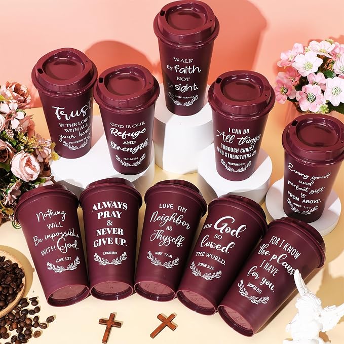 Skylety 20 Pack Bulk Christian Gifts for Men Women 16oz Reusable Bible Verse Tumbler Plastic Coffee Cup with Lid Inspirational Religious Church Gift for Teacher Graduation Party Favor (Burgundy)