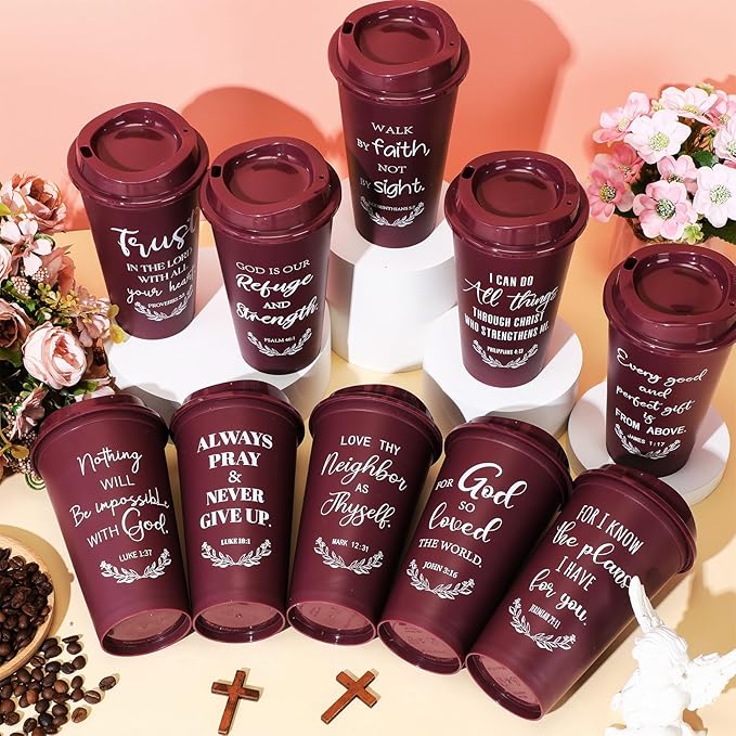 Skylety 40 Pack Bulk Christian Gifts for Men Women 16oz Reusable Bible Verse Tumbler Plastic Coffee Cup with Lid Inspirational Religious Church Gift for Teacher Graduation Party Favor (Burgundy)
