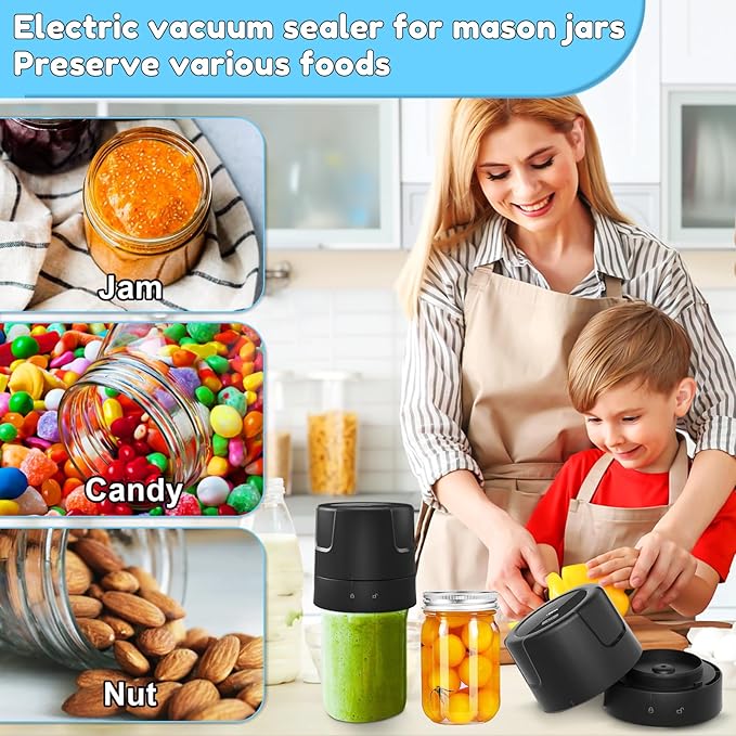 Electric Mason Jar Vacuum Sealer - 85kPa Strong Suction Vacuum Sealing Machine with Regular and Wide Mouth Mason Jar Lids - Silent Rechargeable Portable Vacuum Sealer for Food Storage or Fermentation