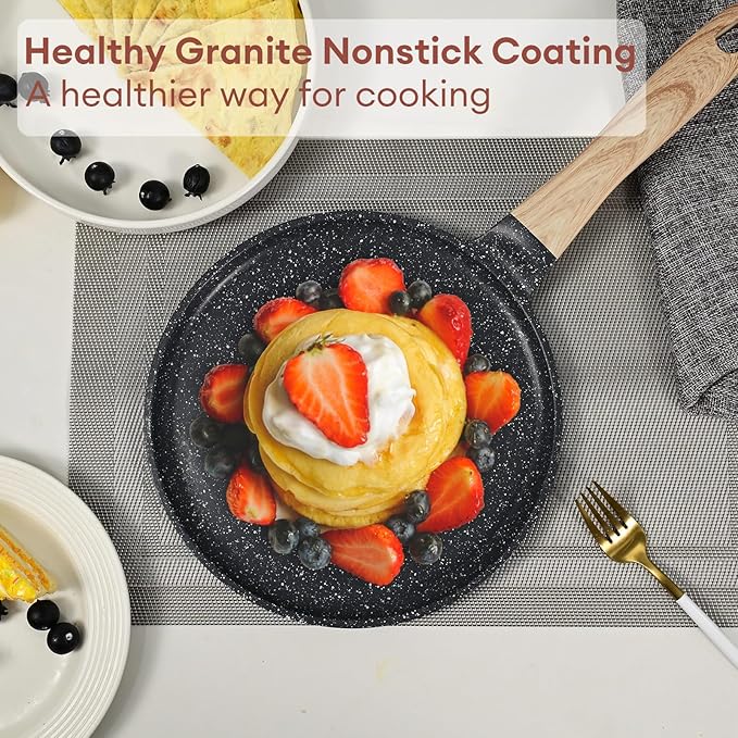 JEETEE Crepe Pan Nonstick, 9.5 Inch Comales Para Tortillas Griddle Pan for Stove Top, Granite Coating Flat Pancake Pan Dosa Tawa, PFOA FREE and Induction Compatible (Grey)