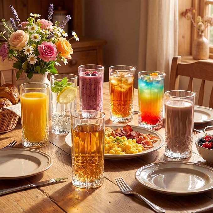 Uiifan Set of 12 Tall Highball Glasses 12 oz Crystal Drinking Glasses Clear Fancy Cups Vintage Textured Designer Glassware for Cocktail Tea Water Beer Soda Beverages, Dishwasher Safe (Diamond Pattern)