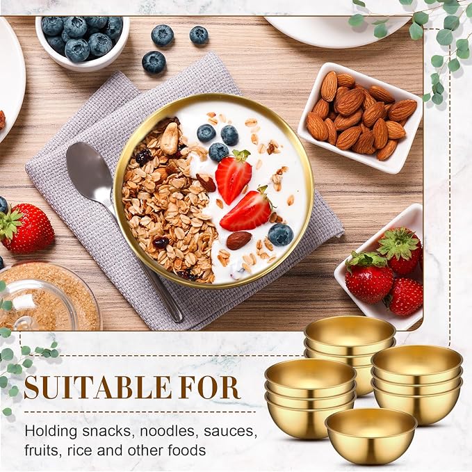 Nuogo 20 Pcs Gold Bowls 4.7 Inch Stainless Steel Mixing Bowls Decorative Esthetician Bowl for Facial Metal Serving Bowl for Holiday Birthday Party Wedding Baking Prepping Salad Fruit Soup