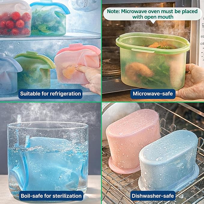 Luviora Extra Thick Reusable Silicone Food Storage Bags, 5 Pack – 4 Cup (1L) Stand Up Leakproof Ziplock, BPA-Free, Dishwasher Safe, Premium Silicone Bags for Meal Prep, Sous Vide & Freezer