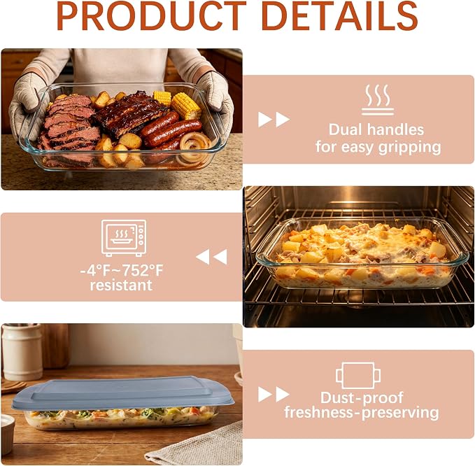 2.3QT Glass Baking Dish With Lid - Glass Casserole With Carrier Insulated Bag For Hot Or Cold Food - Large Casserole Dish For Oven Potluck Party Picnic Cookouts（Beige and brown）