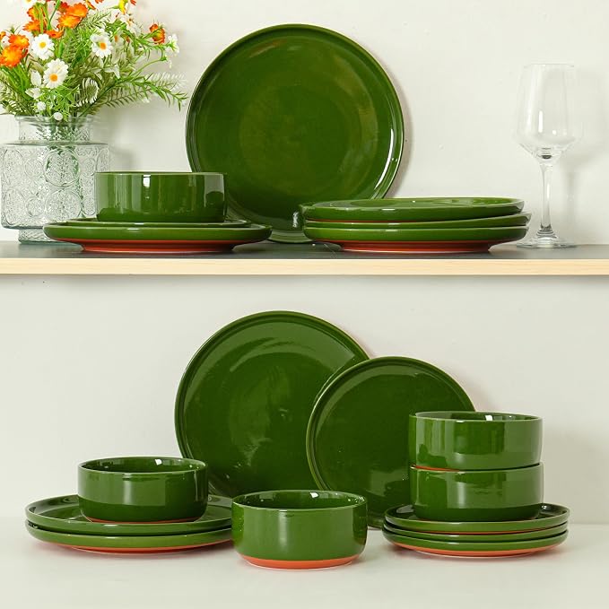 24 Piece Dinnerware Set, Dual Glaze Stoneware Plates and Bowls Sets, Modern Dinner Plate, Salad Plate, Cereal Bowl, Dish Set for 8, Microwave and Dishwasher Safe, Forest Glaze Green