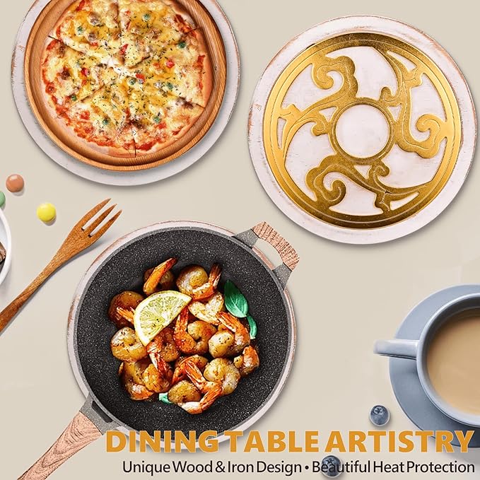 ALLCENER Trivets for Hot Dishes Set of 2, 8 Inch Boho White Washed Wood & Gold Metal Trivet, Heat Resistant Hot Pads for Kitchen Counter and Dining Table, Decorative Pot Holders
