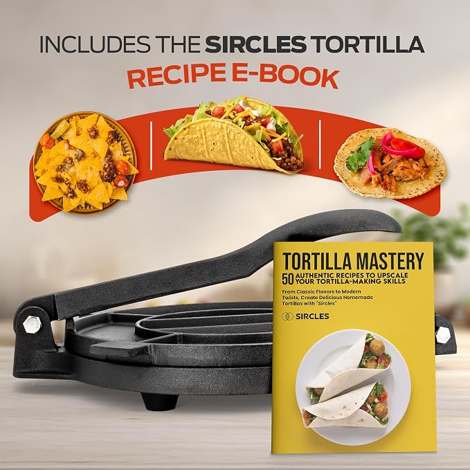 SIRCLES Cast Iron Tortilla Press 12 Inch – Heavy Duty Tortilla Press for Homemade Corn & Flour Tortillas, Prensa para Tortillas - Durable & Pre-Seasoned Kitchen Tool