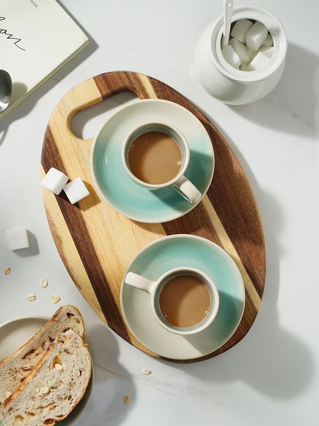 famiware Glacier Espresso Cups with Saucers Set of 4, 3oz Espresso Cup Set, Coffee Mug Set for Latte, Macchiato, Stoneware Demitasse Cups Set for Cafe, Microwave&Dishwasher Safe, Aqua