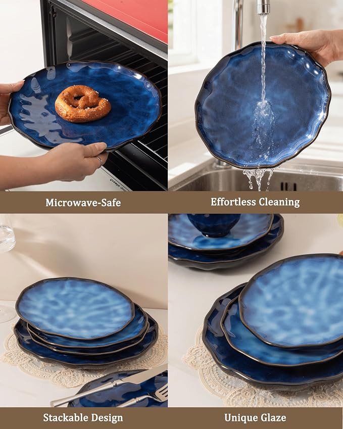 4-piece set, ceramic, natural active glaze plate and bowl set, microwave and dishwasher compatible tableware set, shatterproof and scratch resistant dinner set, irregular edge design, blue
