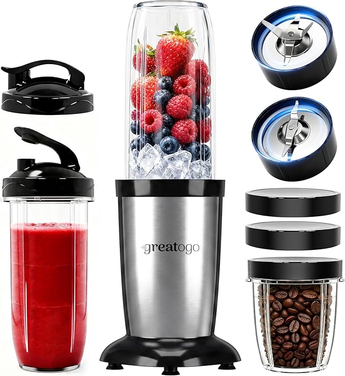 Compact Personal Blender for Smoothies & Shakes, 2-in-1 Bullet Blender and Grinder with 11-Piece Set, 2×24oz To-Go Cups + 10oz Grinding Cup, Ice Crushing, BPA-Free, Dishwasher Safe,Ideal Gift