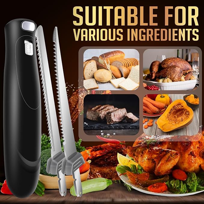 Electric Knife Set with 7-Inch Stainles Steel Blades, Safety Lock Button & Knife Stand, Ideal for Carving, Slicing & Cutting Meats, Turkey Bread & Craft Foam, Dishwasher Safe, Black
