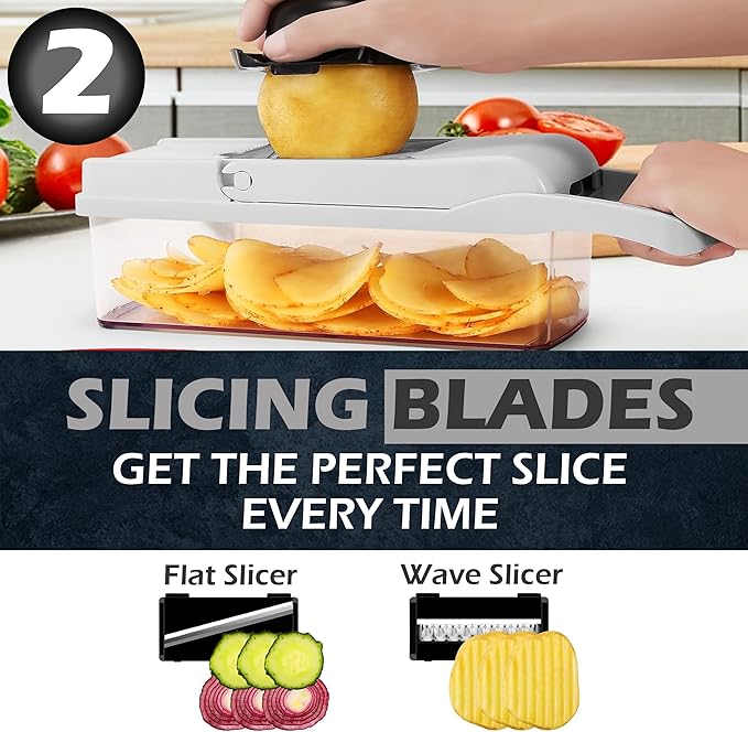 26-in-1 - Heavy Duty Vegetable Chopper with Container - Stainless Steel Blades - Slicer, Chopper, Spiral & Dicer for Veggies With Hand Guard, Cut Resistant Gloves & Cleaning Brushes - Black