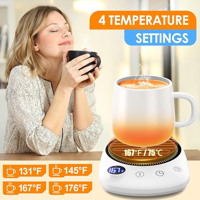 Coffee Mug Warmer - Fastest Heating & Highest Temperature, Coffee Cup Warmer for Desk Auto Shut Off, 4 Temp Settings & 1-12H Timer, Smart Electric Beverage Warmer for Coffee, Tea (White)