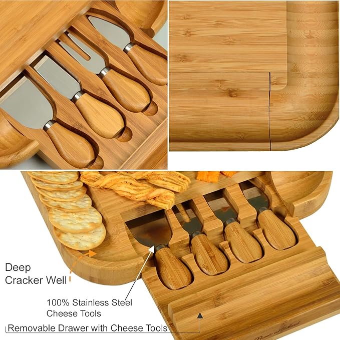 Picnic at Ascot Personalized Monogrammed Engraved Bamboo Cutting Board for Cheese & Charcuterie with Knife Set & Cheese Markers- Designed & Quality Checked in USA