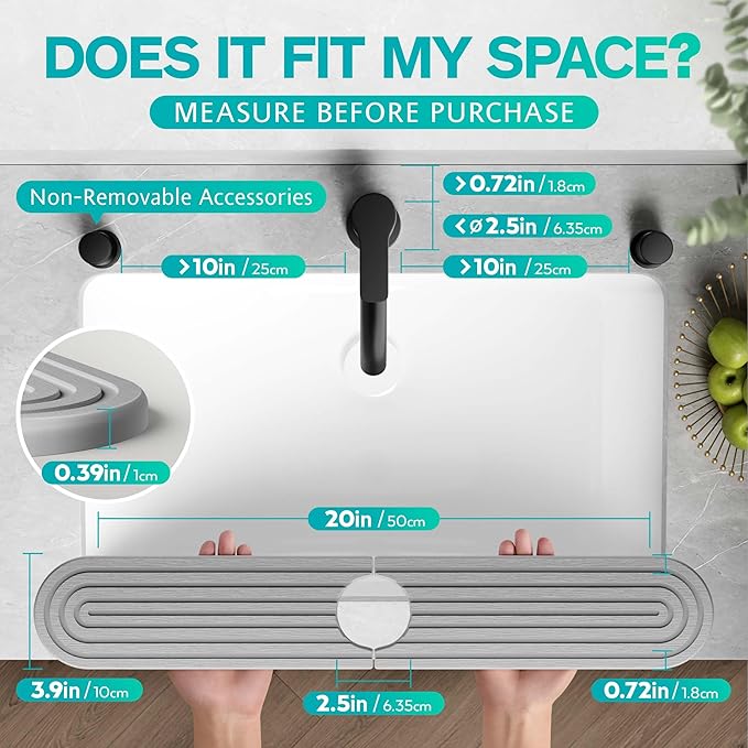 Stone Faucet Mat for Kitchen Sink – Diatomite Fast-Drying Stone Tray, Faucet Mat Sink Splash Guard, Decorative Sink Protector for Kitchen Bathroom Counter (Grey, 20''x3.9'')