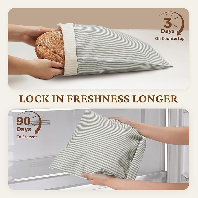 BRONYPRO Reusable Beeswax and Linen Bread Bags with Zipper, 2-Pack Waxed Bread Bags for Homemade Bread & Sourdough, Sustainable Sourdough Loaf Storage to Lock in Freshness, Large 17x12.6in, Grey