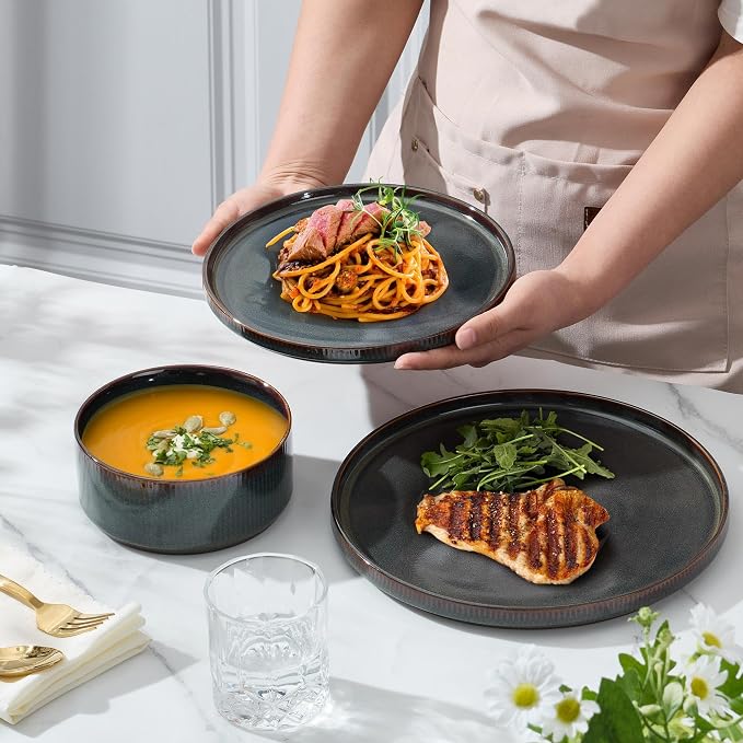 E-far 24-Piece Stoneware Dinnerware Sets, Plates and Bowls Sets for 8, Kitchen Modern Dinning Porcelain Dishes Set, Chip & Scratch Resistant, Dishwasher & Microwave Safe, Blackish Green